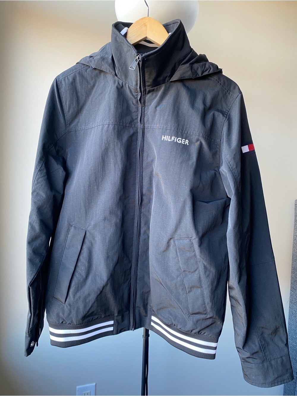 Tommy Hilfiger Black Hooded Raincoat with Stripe Hem
